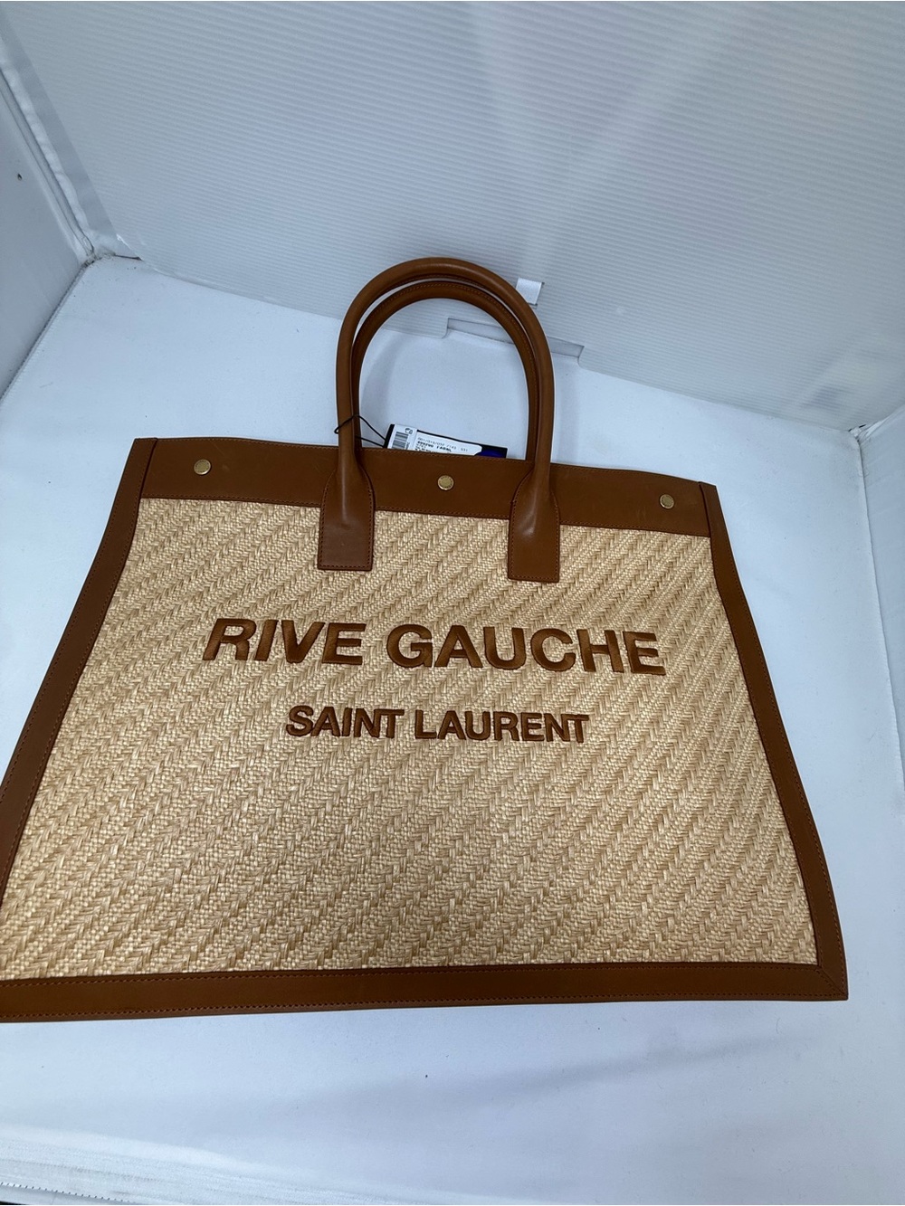 Saint Laurent Rive Gauche Straw Tote with Brown Leather Trim